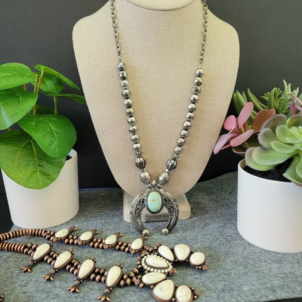 Southwestern Statement Necklace Lot Of 2 Naja White Stone Floral 20"